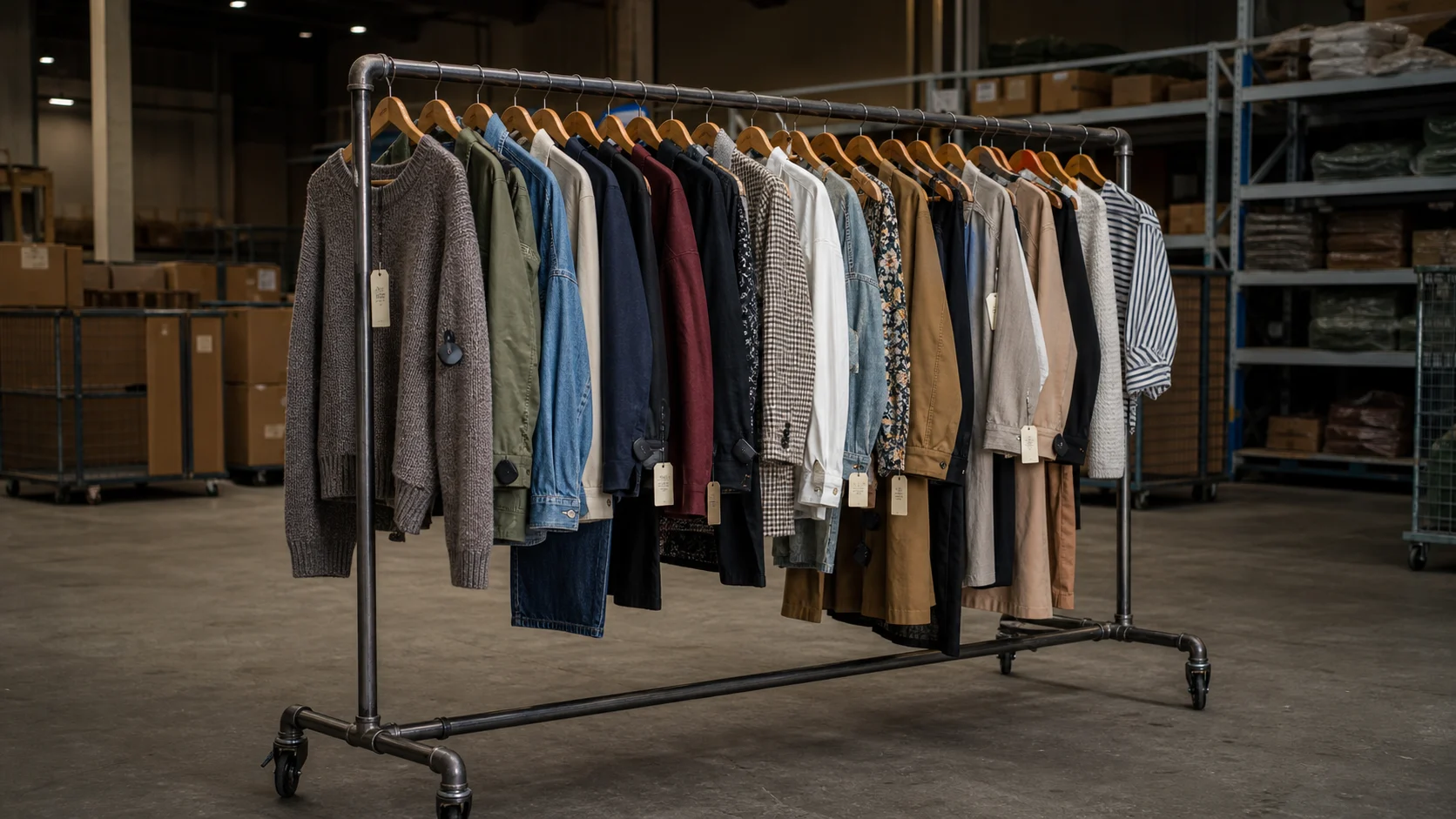 Rack entrepôt de vêtements seconde main préparés et prêts à vendre.
