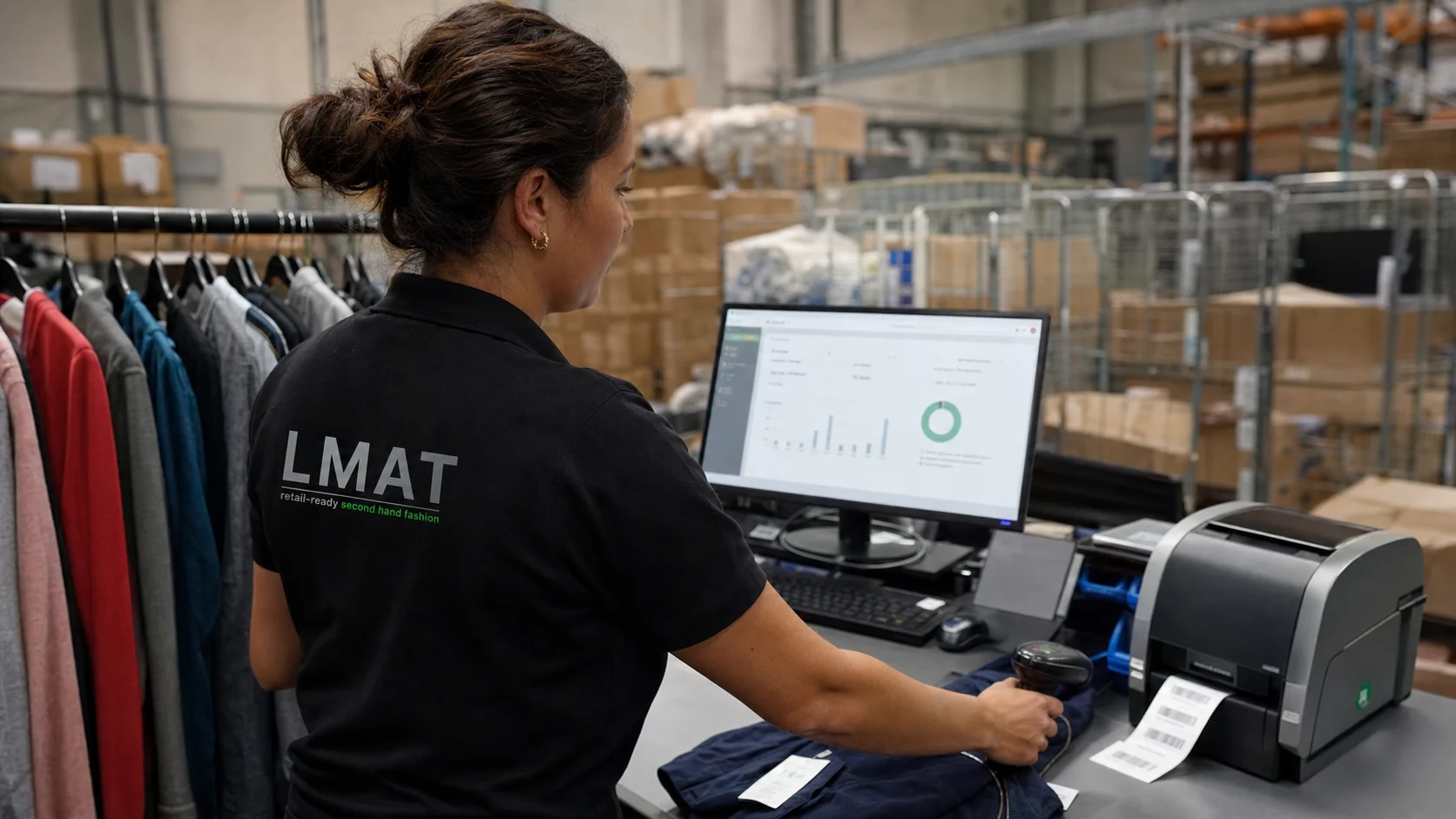 Opératrice LMAT qualifiant les données produit sur ordinateur en entrepôt.