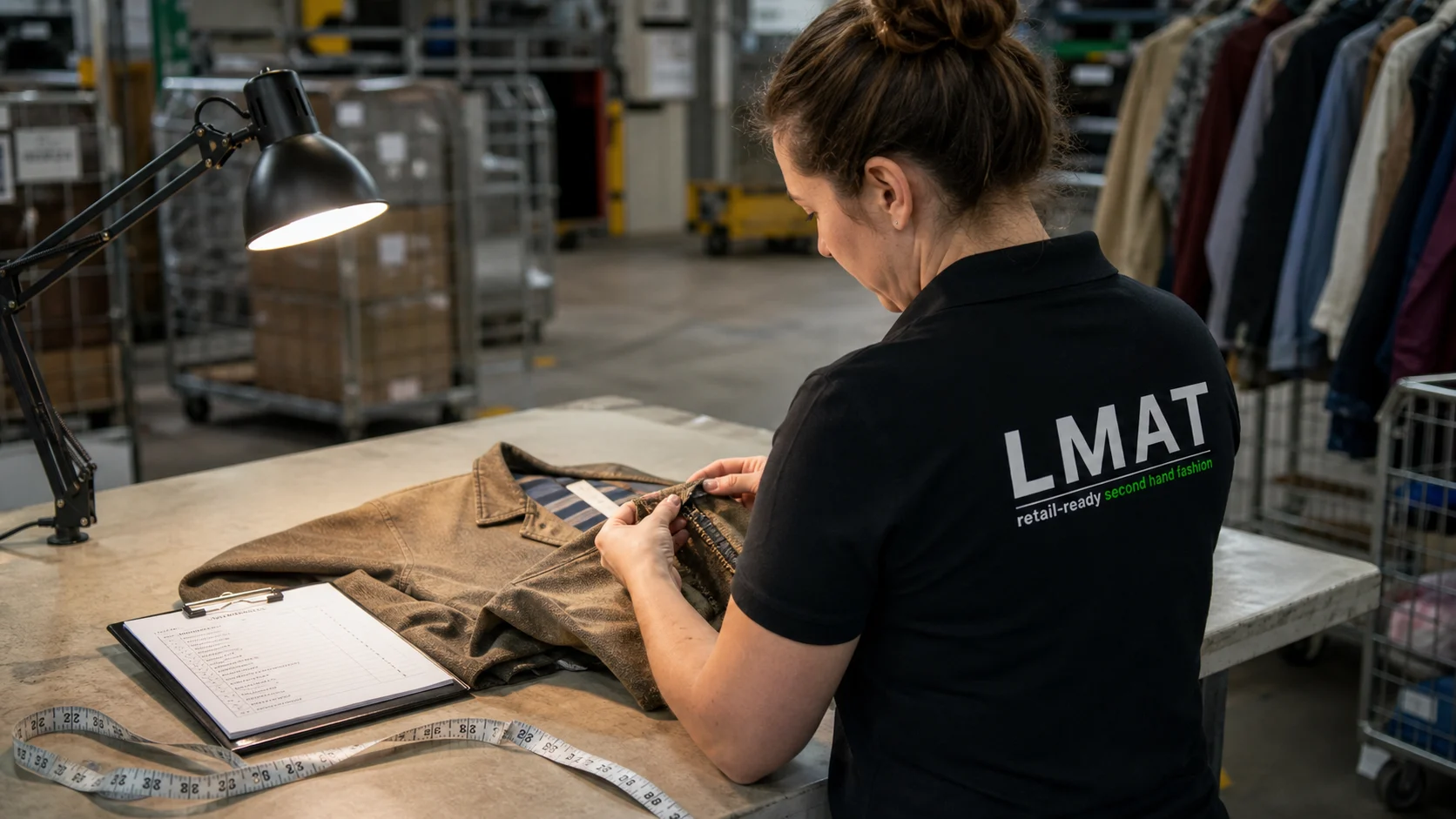 Opératrice LMAT contrôlant la qualité d’un vêtement seconde main.