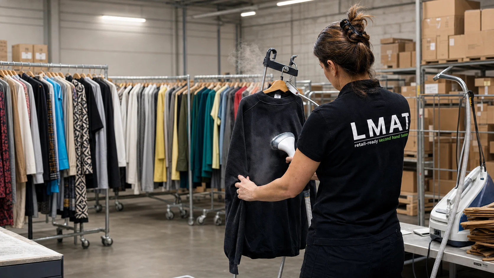 Opératrice LMAT préparant un vêtement au steamer dans un entrepôt textile.