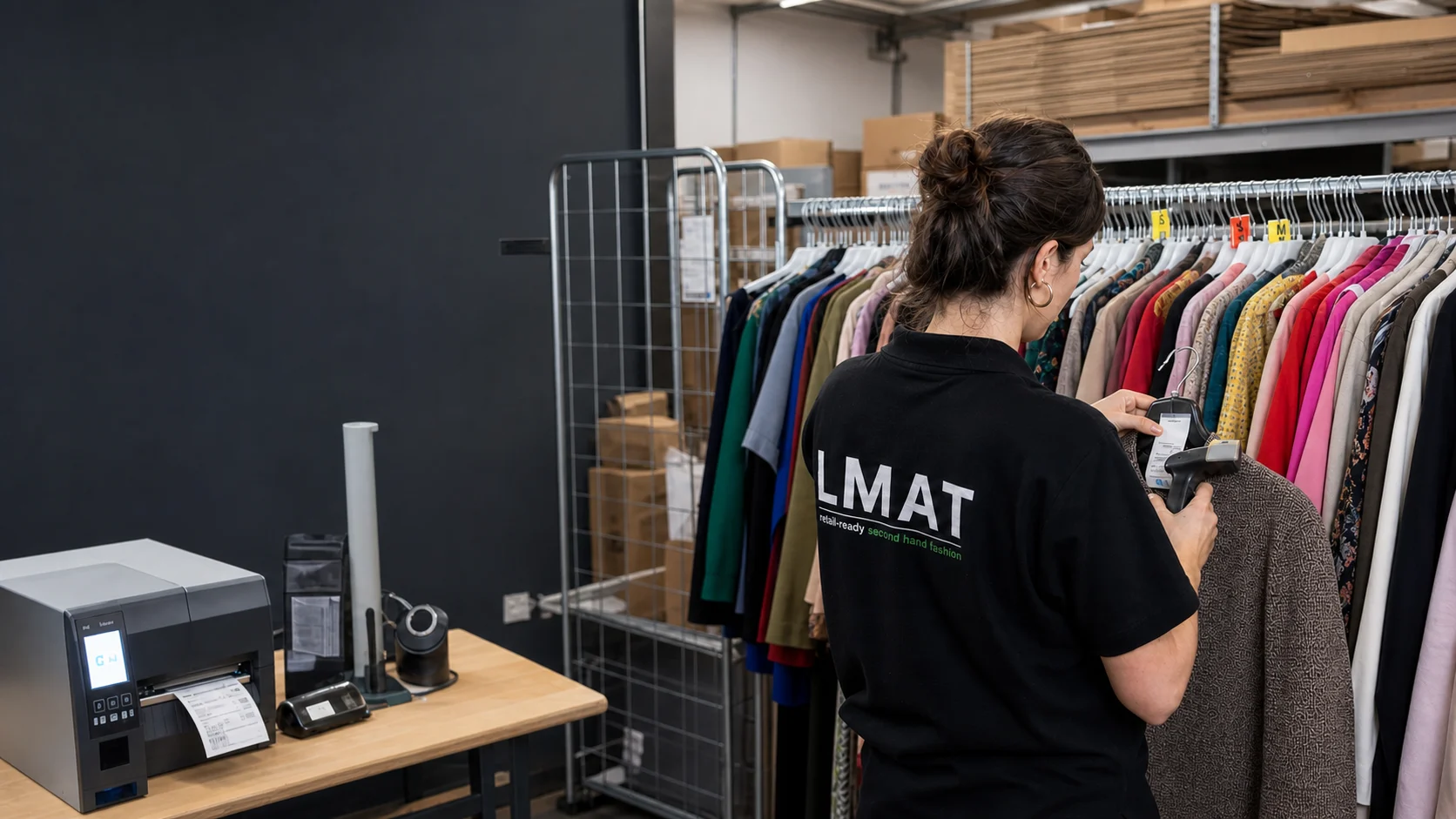 Opératrice LMAT posant une étiquette sur un vêtement préparé.